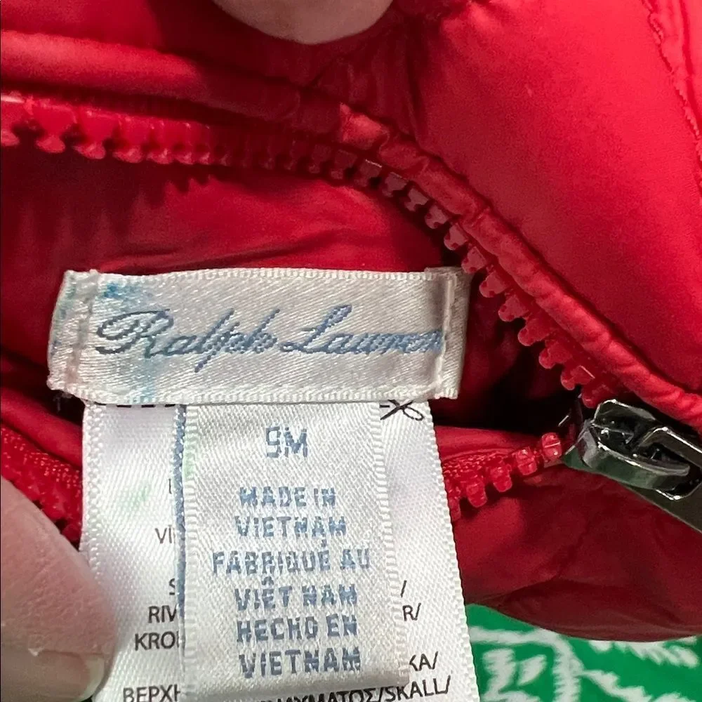 Ralph Lauren Vibrant Red Puffer Jacket with reversible blue EUC 9 months